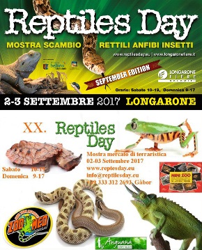 Per gli appassionati da tutta Europa di rettili e anfibi ci troviamo a Longarone Fiere Dolomiti  per il 20. Reptiles Day. Sabato 2 e domenica 3 settembre 2017.