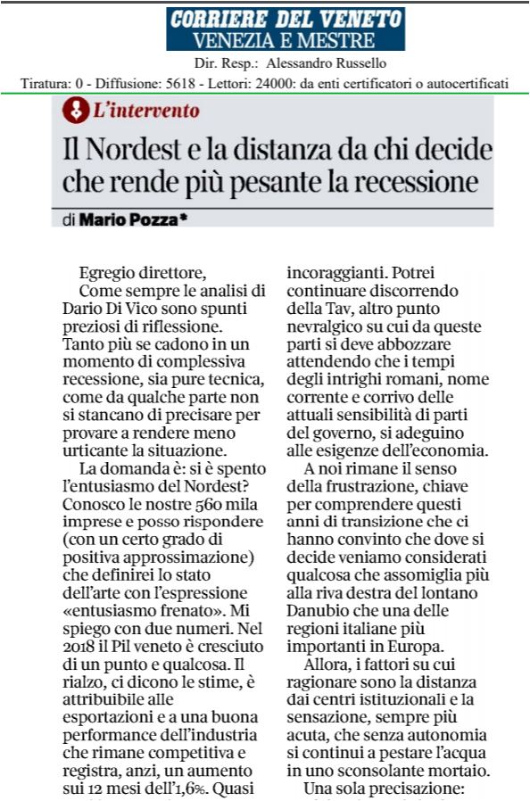 Lettera del Presidente di Unioncamere Veneto Mario Pozza al direttore del Corriere del Veneto Russello.
