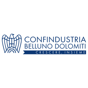 Logo con scritta in maiuscolo Confindustria Belluno Dolomiti - con scritta sotto bianco su blu: crescere insieme. Il logo ha l'icona grafica di un'aquila