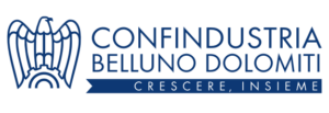Logo con scritta in maiuscolo Confindustria Belluno Dolomiti - con scritta sotto bianco su blu: crescere insieme. Il logo ha l'icona grafica di un'aquila