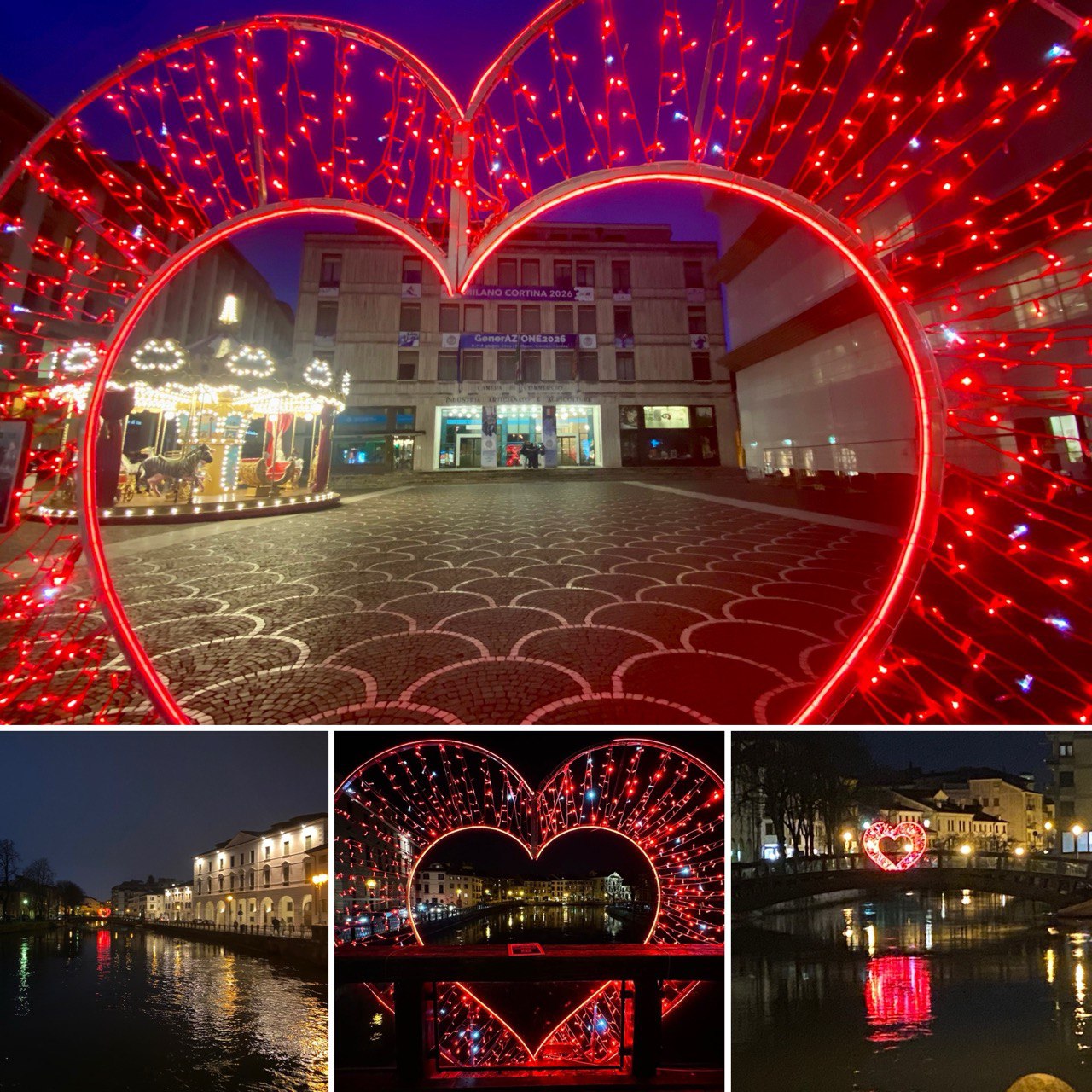 Cuore di luci sul ponte Dante e di fronte alla Camera di Commercio a Treviso
