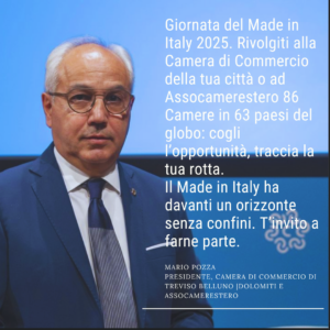 nell'immagine è riportato il testo: 𝑹𝒊𝒗𝒐𝒍𝒈𝒊𝒕𝒊 𝒂𝒍𝒍𝒂 𝑪𝒂𝒎𝒆𝒓𝒂 𝒅𝒊 𝑪𝒐𝒎𝒎𝒆𝒓𝒄𝒊𝒐 𝒅𝒆𝒍𝒍𝒂 𝒕𝒖𝒂 𝒄𝒊𝒕𝒕𝒂̀ 𝒐 𝒂𝒅 𝑨𝒔𝒔𝒐𝒄𝒂𝒎𝒆𝒓𝒆𝒔𝒕𝒆𝒓𝒐 86 𝑪𝒂𝒎𝒆𝒓𝒆 𝒊𝒏 63 𝒑𝒂𝒆𝒔𝒊 𝒅𝒆𝒍 𝒈𝒍𝒐𝒃𝒐: cogli l’opportunità, traccia la tua rotta. 𝑰𝒍 𝑴𝒂𝒅𝒆 𝒊𝒏 𝑰𝒕𝒂𝒍𝒚 𝒉𝒂 𝒅𝒂𝒗𝒂𝒏𝒕𝒊 𝒖𝒏 𝒐𝒓𝒊𝒛𝒛𝒐𝒏𝒕𝒆 𝒔𝒆𝒏𝒛𝒂 𝒄𝒐𝒏𝒇𝒊𝒏𝒊. 𝑻’𝒊𝒏𝒗𝒊𝒕𝒐 𝒂 𝒇𝒂𝒓𝒏𝒆 𝒑𝒂𝒓𝒕𝒆.