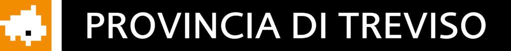 Logo con icona arancione dentro sagoma bianca del Veneto con puntino su provincia di Treviso separato ma a lato scritta Provincia di Treviso in bianca su sfondo nero