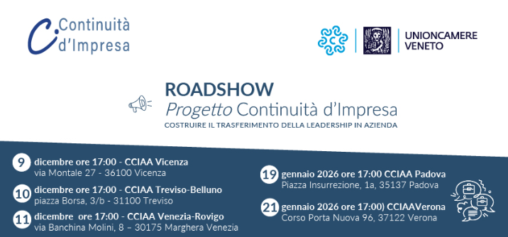 Locandina Roadshow di presentazione del progetto Continuità d'impresa-Unioncamere del Veneto
