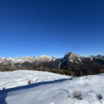 Foto che raffigura un panorama innevato con cime in lontananza, alberi e cielo sereno e azzurro