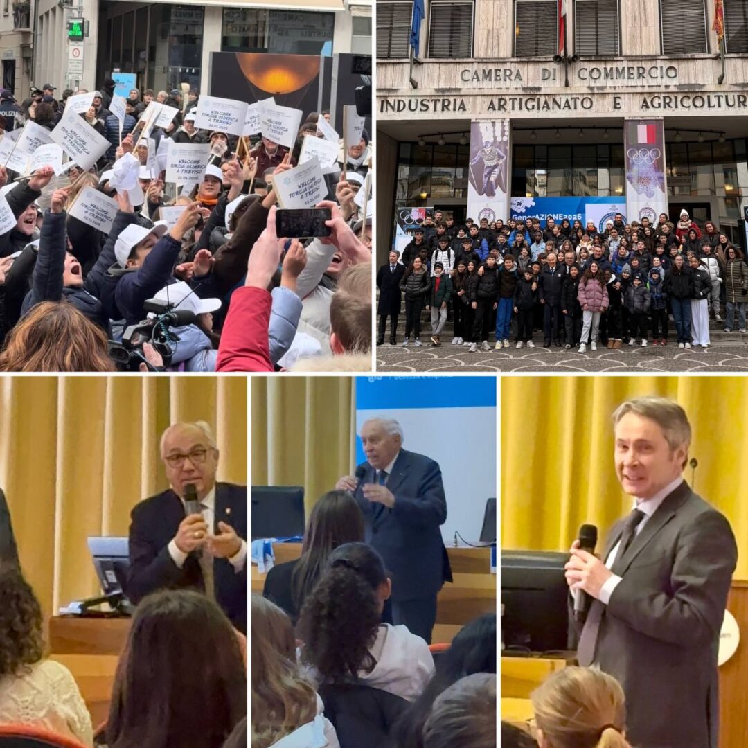 Collage di foto che raffigurano i giovani ragazzi di GenerAZIONE2026 all'accoglienza della torcia olimpica e l'incontro con il Presidente Pozza, il Porf. Ascani e il Vicesegretario Rossato