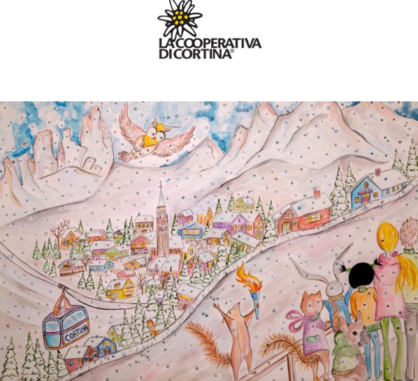 DISEGNO-RAPPRESENTA CORTINA E LA FUNIVIA - CON PERSONE - IN ALTO C'è IL LOGO -DI LACOOPERATIVA DI CORTINA CHE HA UNA STELLA ALPINA E LA SCRITTA