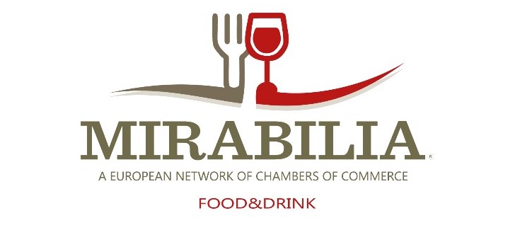 Mirabilia Food and Drink. Forchetta e bicchiere stilizzati in alto. A european network of Chamber of Commerce