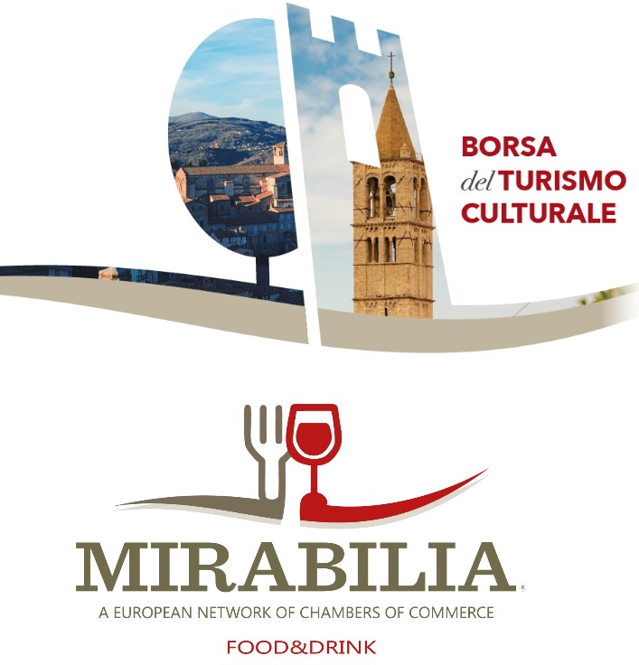 Loghi in alto Borsa Turismo Culturale con paesaggio campanile , sotto Mirabilia Food and Drink con forchetta e bicchiere disegnati