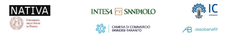 Ricerca Nazionale sulle Società Benefit 2026. Disposizione loghi InfoCamere, Camera di commercio di Brindisi - Taranto, Università degli Studi di Padova, Assobenefit, Intesa Sanpaolo, NATIVA