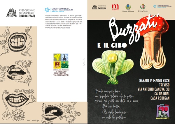 Locandina evento Buzzati e il cibo che si terrà Sabato14 marzo a Casa Robegan, Treviso