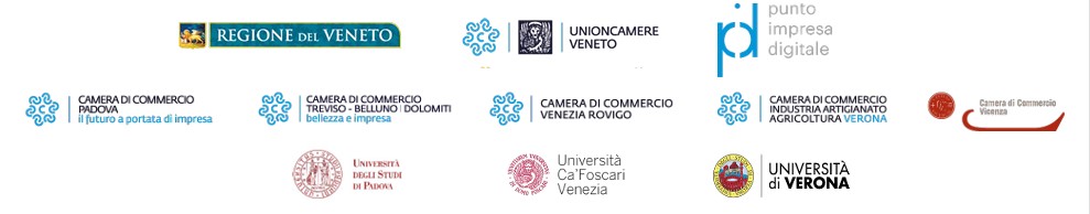 Disposizione loghi Regione del Veneto, Unioncamere Veneto, Camera di Commercio di Padova, Treviso-Belluno, Venezia Rovigo, Verona, Vicenza, PID (punto imprese digitale), Università degli Studi di Padova, Università Ca' Foscari Venezia , Università di Verona