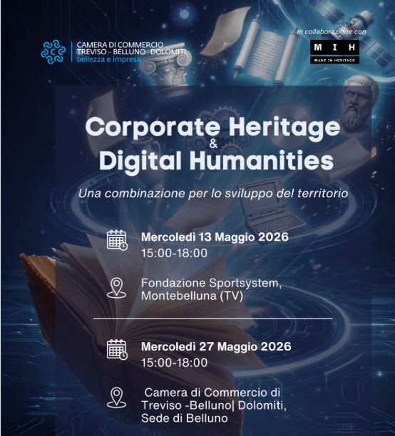 locandina grafica con sfondo blu libro in trasparenza aperto e scritte in bianco Corporate Heritage and Digital Humanities - una combinazione per lo sviluppo del territorio