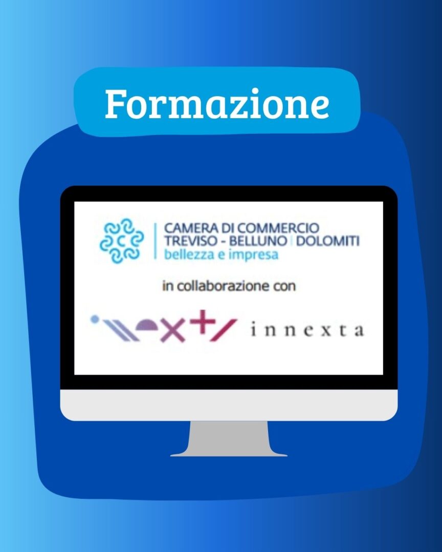 Grafica blu con sfondo sfumato con monitor disegnato con dentro loghi camera di commercio e logo innexta