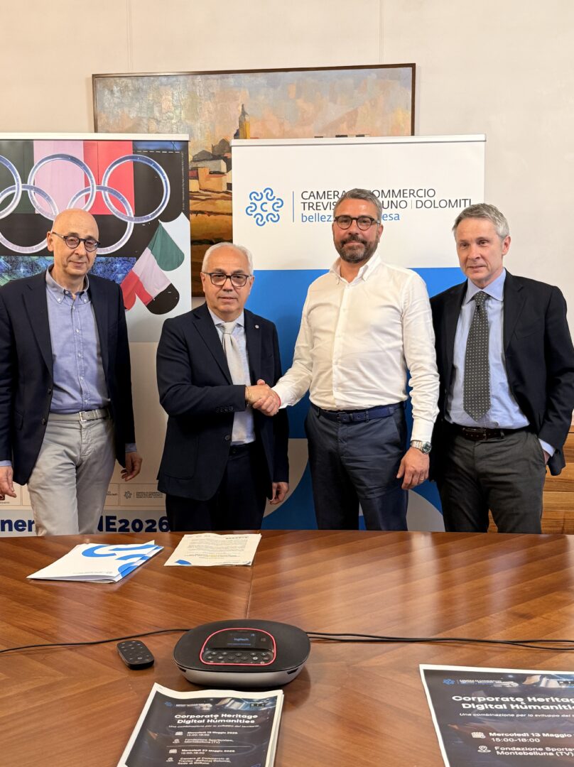 Federico Callegari, Presidente Mario Pozza, Michele Marchesin e Segretario Generale Francesco Rossato in occasione della conferenza stampa di Corporate Heritage & Digital Humanities: a Treviso e Belluno due seminari su memoria d’impresa, innovazione e nuove competenze