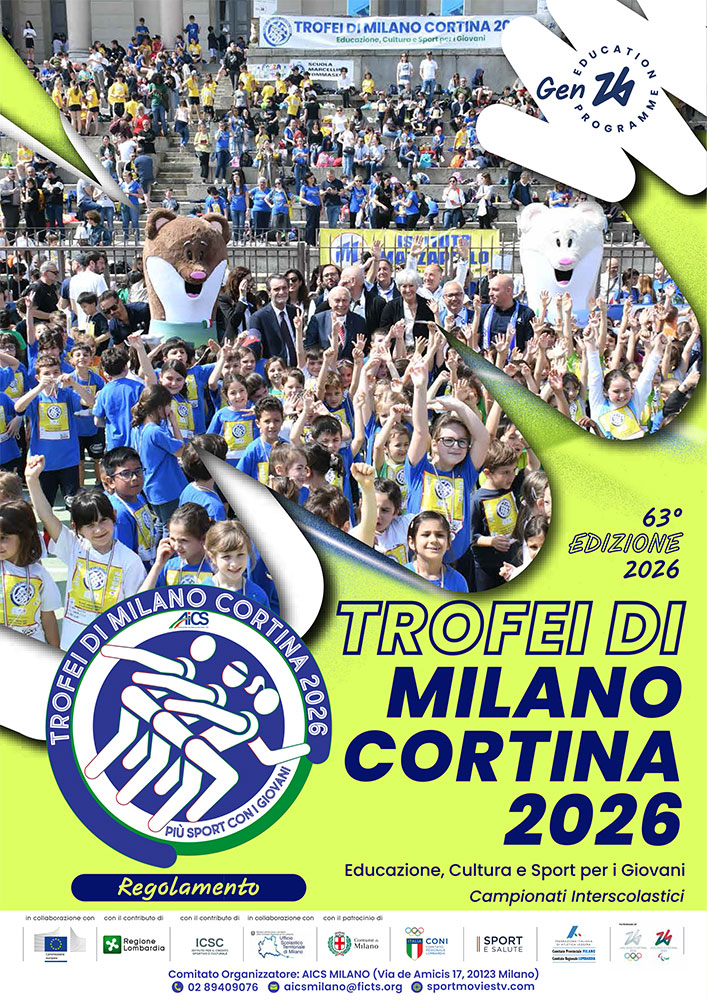 locandina con foto di tanti bambini festosi con mascottes di Milano Cortina 2026 e grafica gialla e logo dei trofei di Milano Cortina