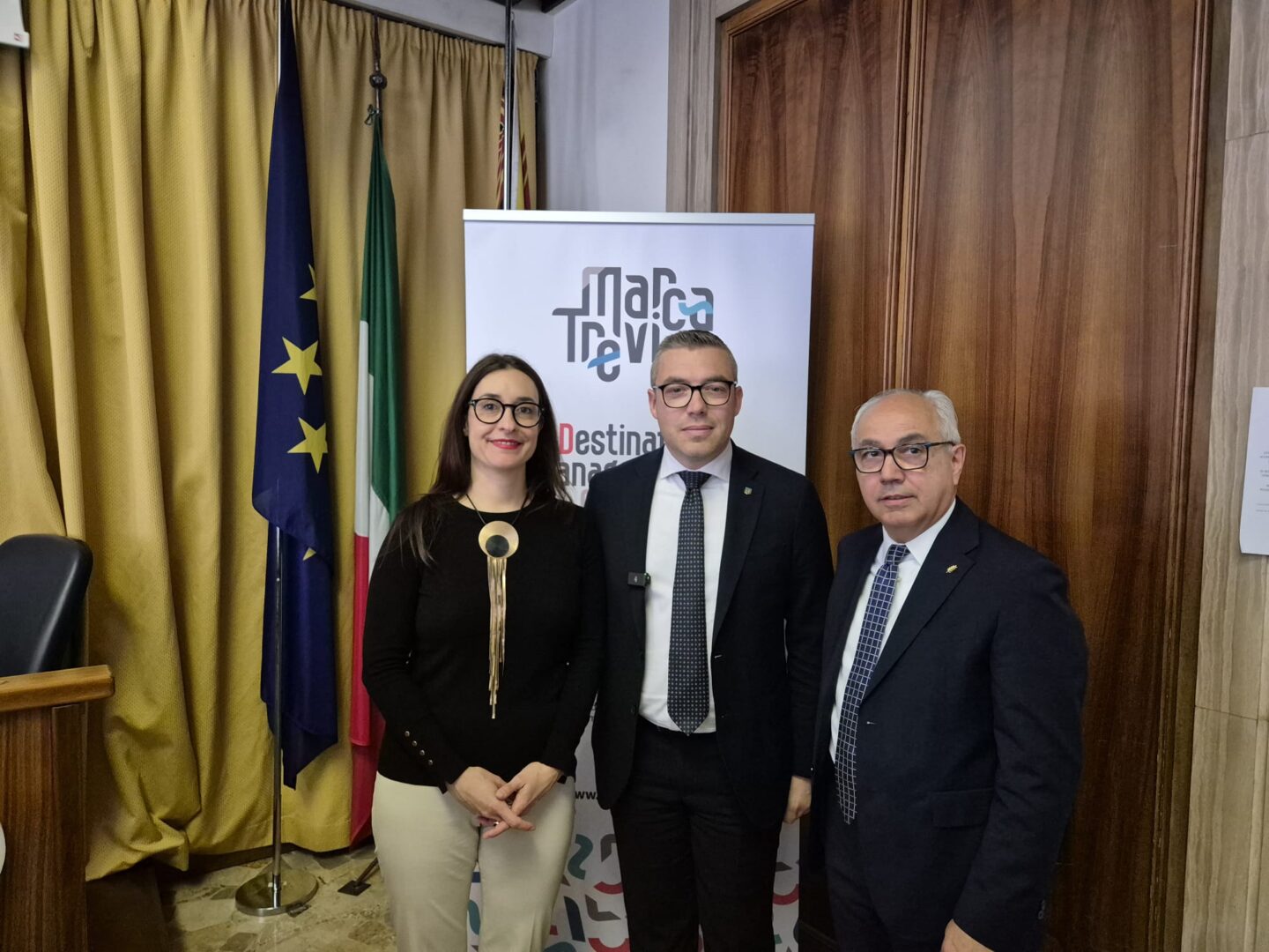 Primo incontro nella sala conferenze con Fondazione DMO Marca Trevigiana. Nella foto Casagrande, Pavaretto e Pozza