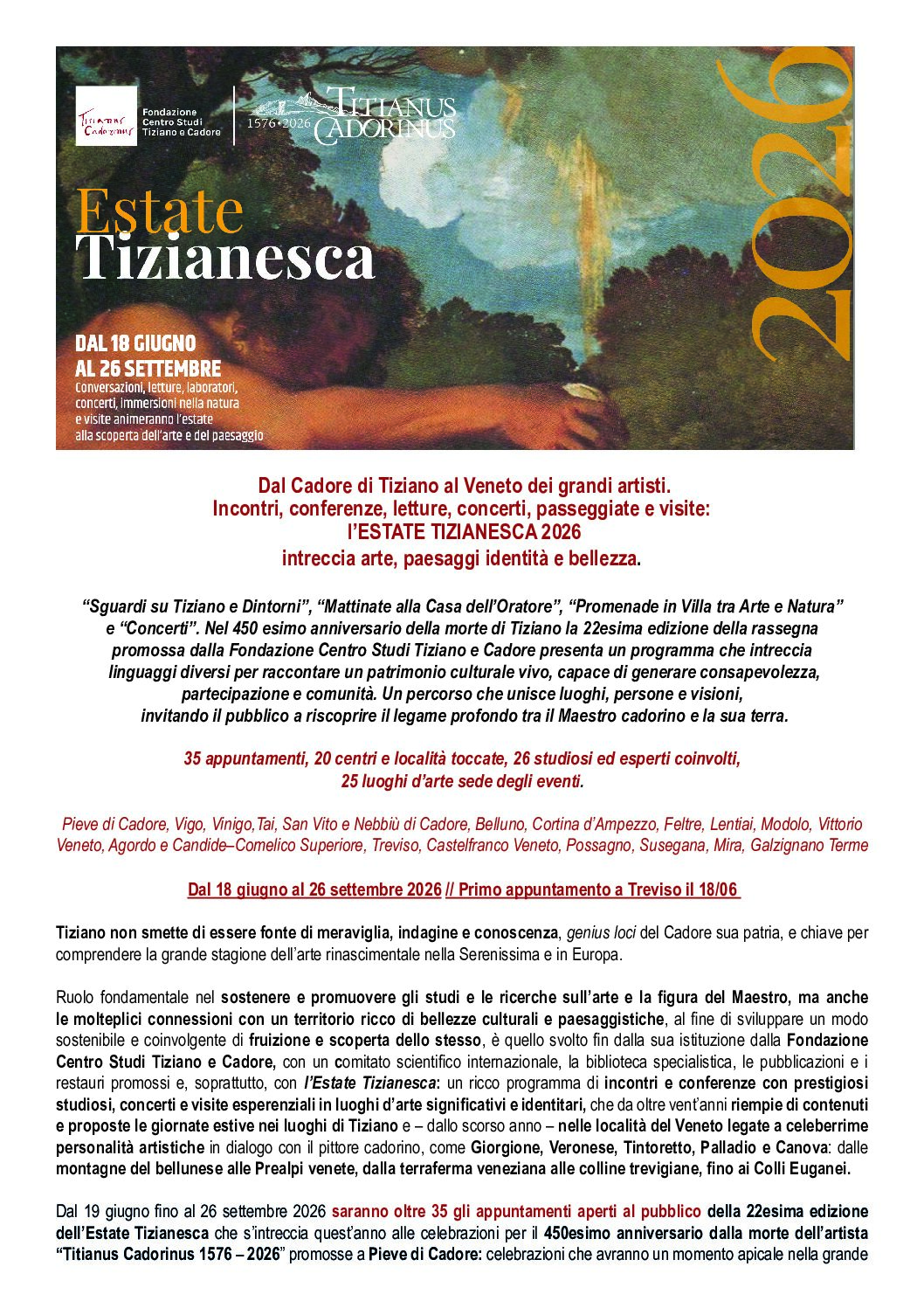 Estate Titianesca 2026 programma completo