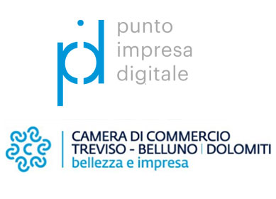 Loghi PID con P maiuscola in azzurro e Punto Impresa digitale a alto in grigio sottoil logo della Camera di Commercio con la coroncina a fiore fatta dalle C delle Camerae di Commercio e a lato il lettering Camera di Commercio Treviso -Belluno|Dolomiti