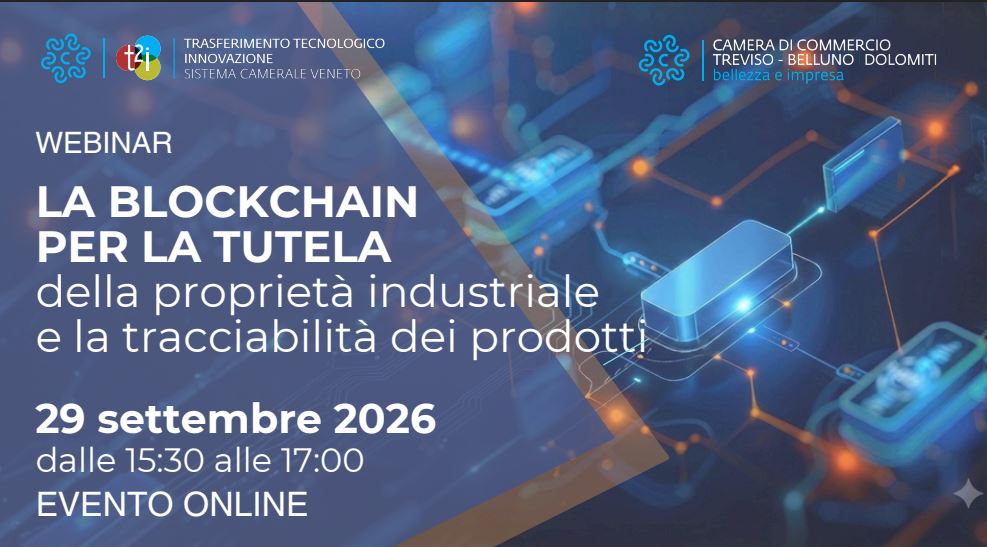 Immagine realizzata con Gemini composta con in sovraimpressione il testo titolo e data evento sullo sfondo un'immagine grafica blu tecnologica e i loghi t2i e Camera di Commercio