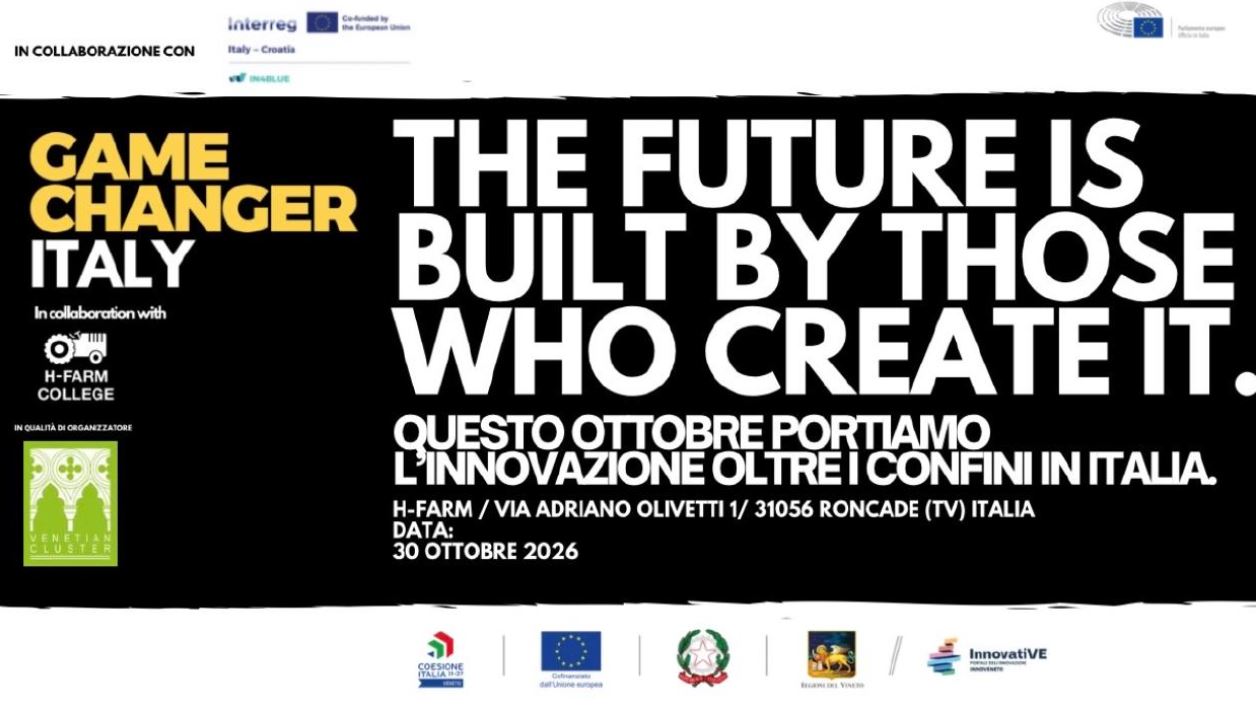 locandina con sfondo nero a lato sx la scritta in giallo game changer sotto Italy in bianco e sotto un logo verde a lato la scritta in maiuscolo the future is built by those who create it e sotto questo ottobre portiamo ...
